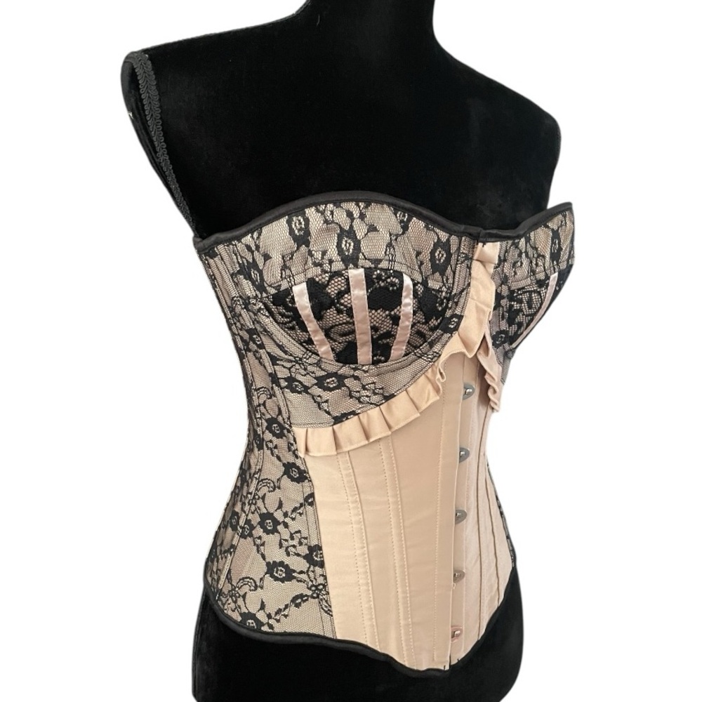 Sexy Gold with Black Lace Bone Hook & Eye Lace Up Corset Size M goth medieval - Picture 3 of 6